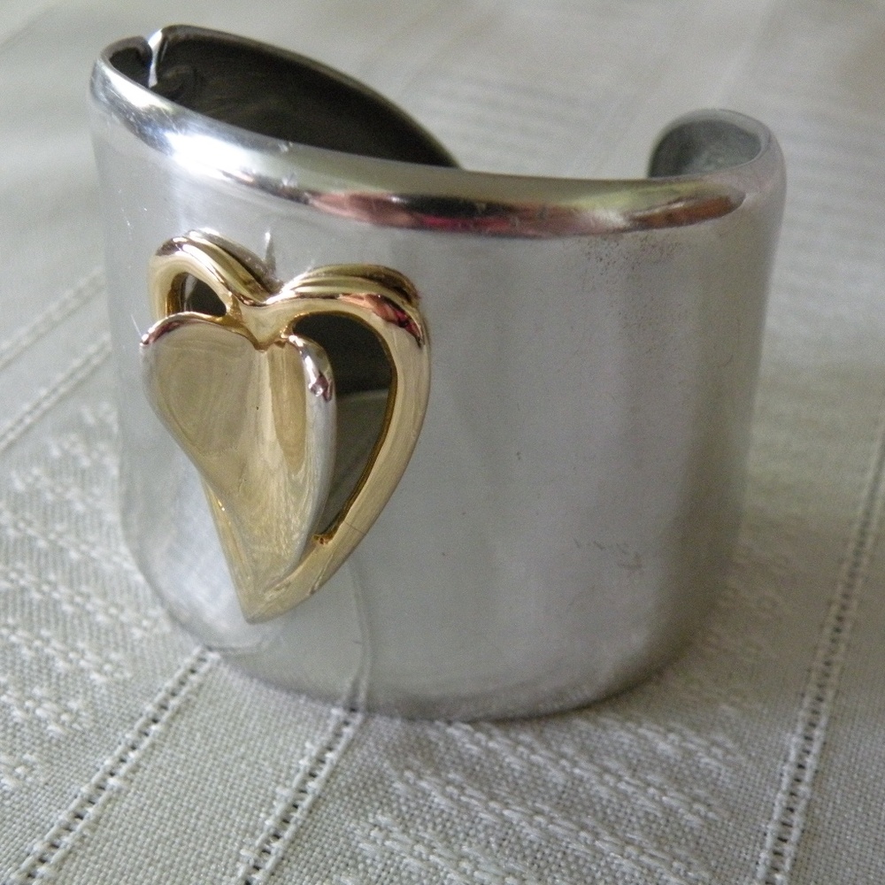 Diane von Furstenberg Silver & Gold Tone Heart 2" Wide Hinge Cuff Bracelet - Picture 2 of 12